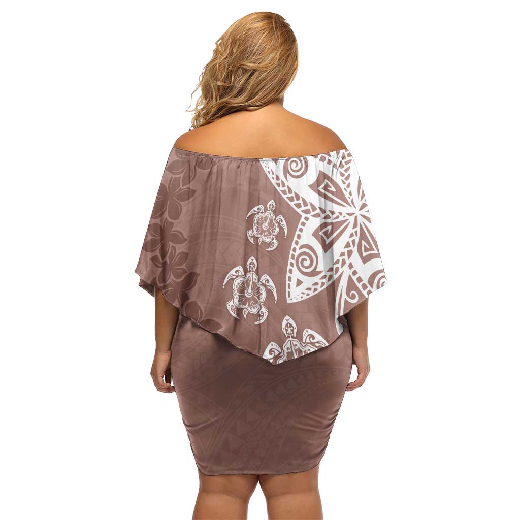 Polynesia Off Shoulder Short Dress Brown Tribal Turtle Floral Pattern LT05 - Polynesian Pride