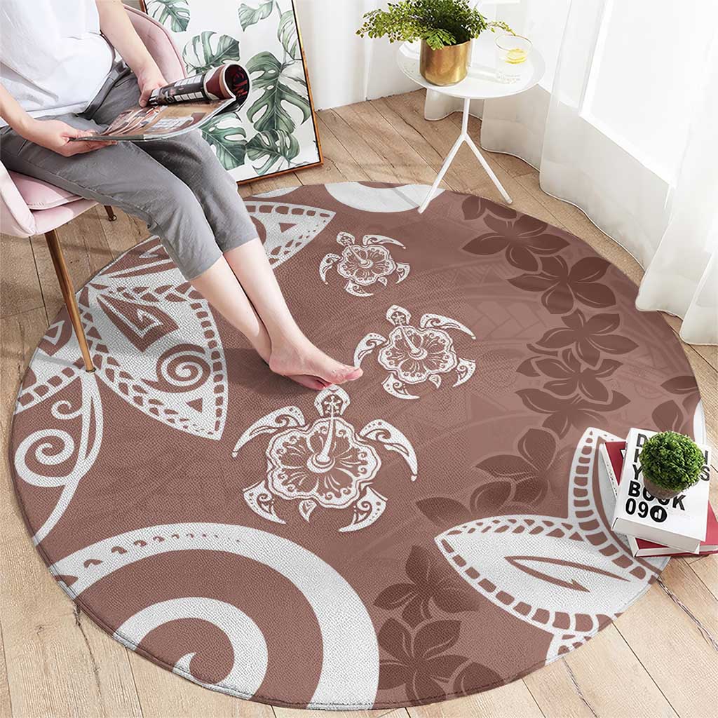 Polynesia Round Carpet Brown Tribal Turtle Floral Pattern
