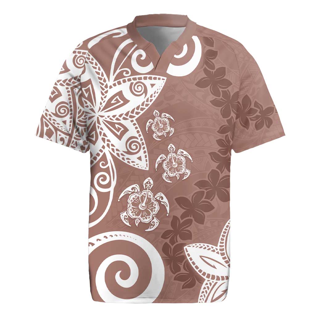 Polynesia Rugby Jersey Brown Tribal Turtle Floral Pattern