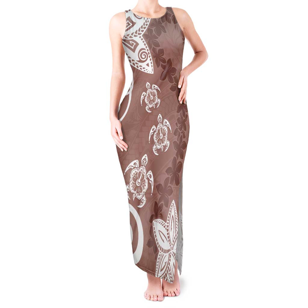 Polynesia Tank Maxi Dress Brown Tribal Turtle Floral Pattern LT05 Women Brown - Polynesian Pride