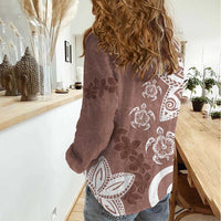 Polynesia Women Casual Shirt Brown Tribal Turtle Floral Pattern