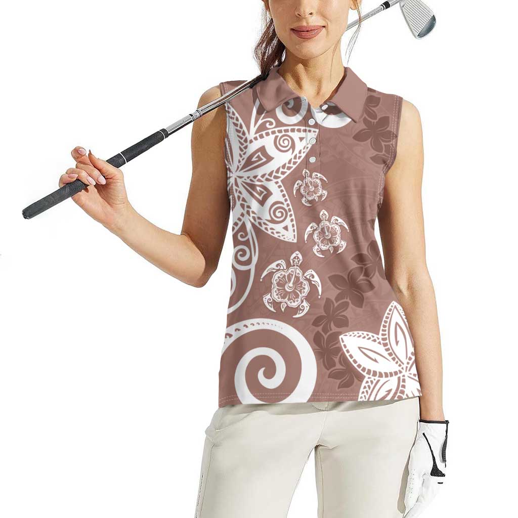 Polynesia Women Sleeveless Polo Shirt Brown Tribal Turtle Floral Pattern