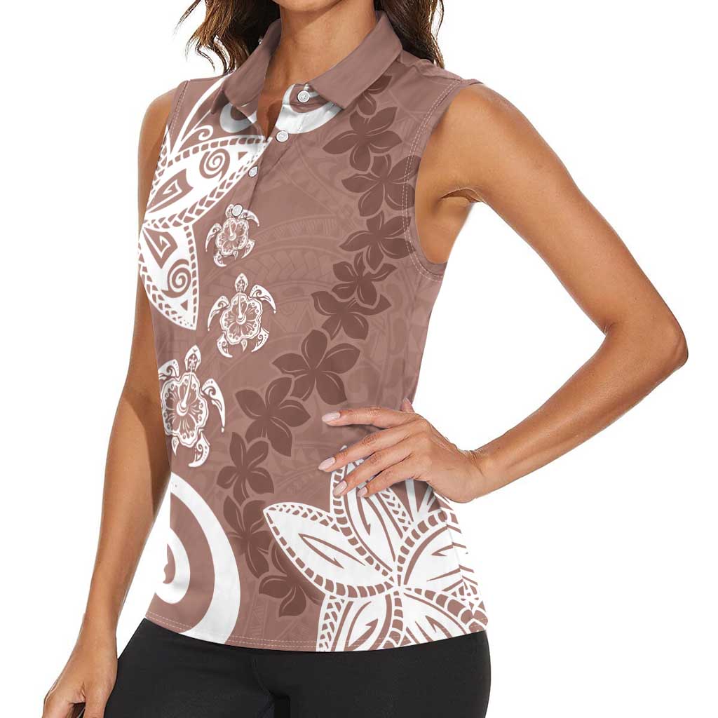 Polynesia Women Sleeveless Polo Shirt Brown Tribal Turtle Floral Pattern