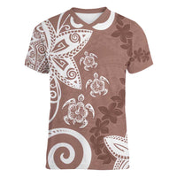 Polynesia Women V-Neck T-Shirt Brown Tribal Turtle Floral Pattern LT05 Female Brown - Polynesian Pride