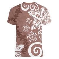Polynesia Women V-Neck T-Shirt Brown Tribal Turtle Floral Pattern LT05 - Polynesian Pride