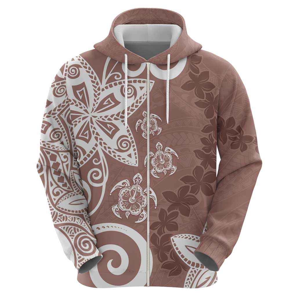 Polynesia Zip Hoodie Brown Tribal Turtle Floral Pattern