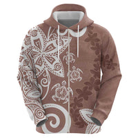 Polynesia Zip Hoodie Brown Tribal Turtle Floral Pattern