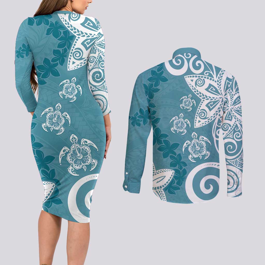 Polynesia Couples Matching Long Sleeve Bodycon Dress and Long Sleeve Button Shirt Hippie Blue Tribal Turtle Floral Pattern LT05 - Polynesian Pride