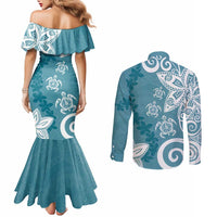 Polynesia Couples Matching Mermaid Dress and Long Sleeve Button Shirt Hippie Blue Tribal Turtle Floral Pattern LT05 - Polynesian Pride