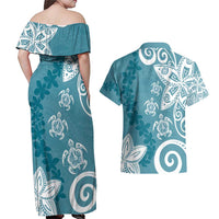 Polynesia Couples Matching Off Shoulder Maxi Dress and Hawaiian Shirt Hippie Blue Tribal Turtle Floral Pattern
