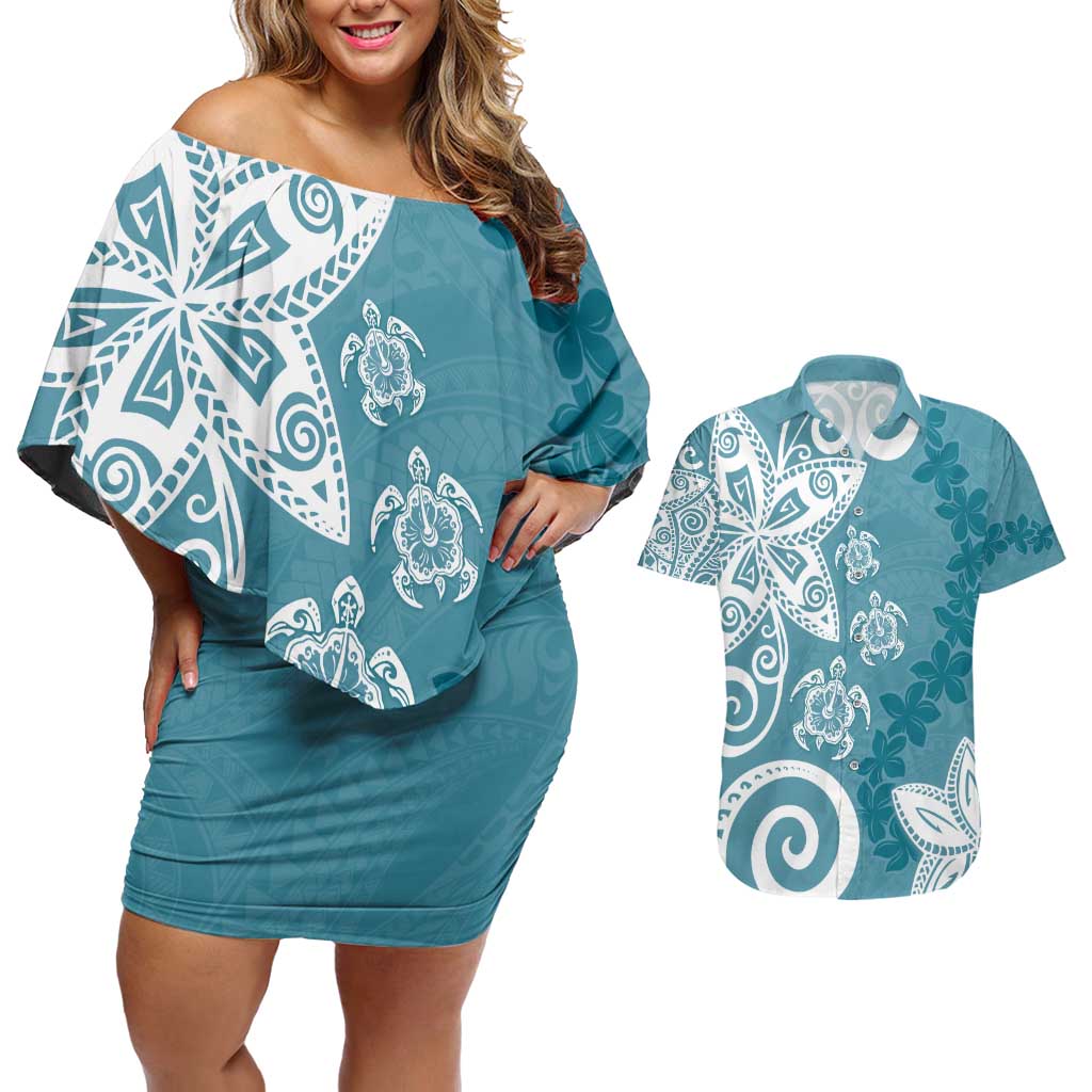 Polynesia Couples Matching Off Shoulder Short Dress and Hawaiian Shirt Hippie Blue Tribal Turtle Floral Pattern LT05 Blue - Polynesian Pride