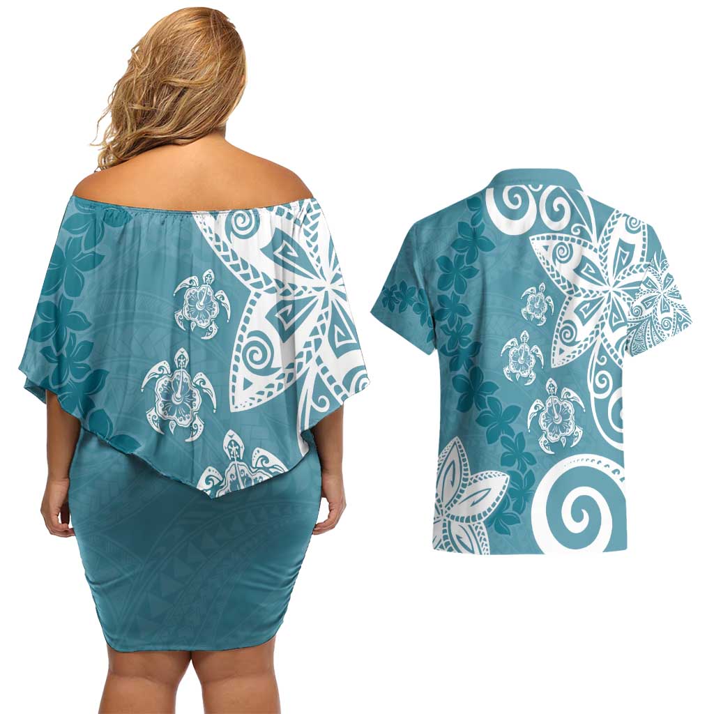 Polynesia Couples Matching Off Shoulder Short Dress and Hawaiian Shirt Hippie Blue Tribal Turtle Floral Pattern LT05 - Polynesian Pride