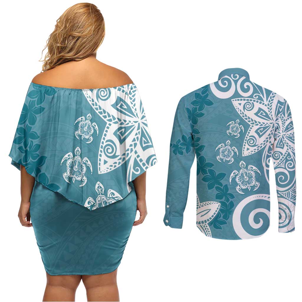 Polynesia Couples Matching Off Shoulder Short Dress and Long Sleeve Button Shirt Hippie Blue Tribal Turtle Floral Pattern LT05 - Polynesian Pride