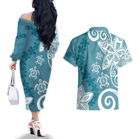 Polynesia Couples Matching Off The Shoulder Long Sleeve Dress and Hawaiian Shirt Hippie Blue Tribal Turtle Floral Pattern LT05 - Polynesian Pride