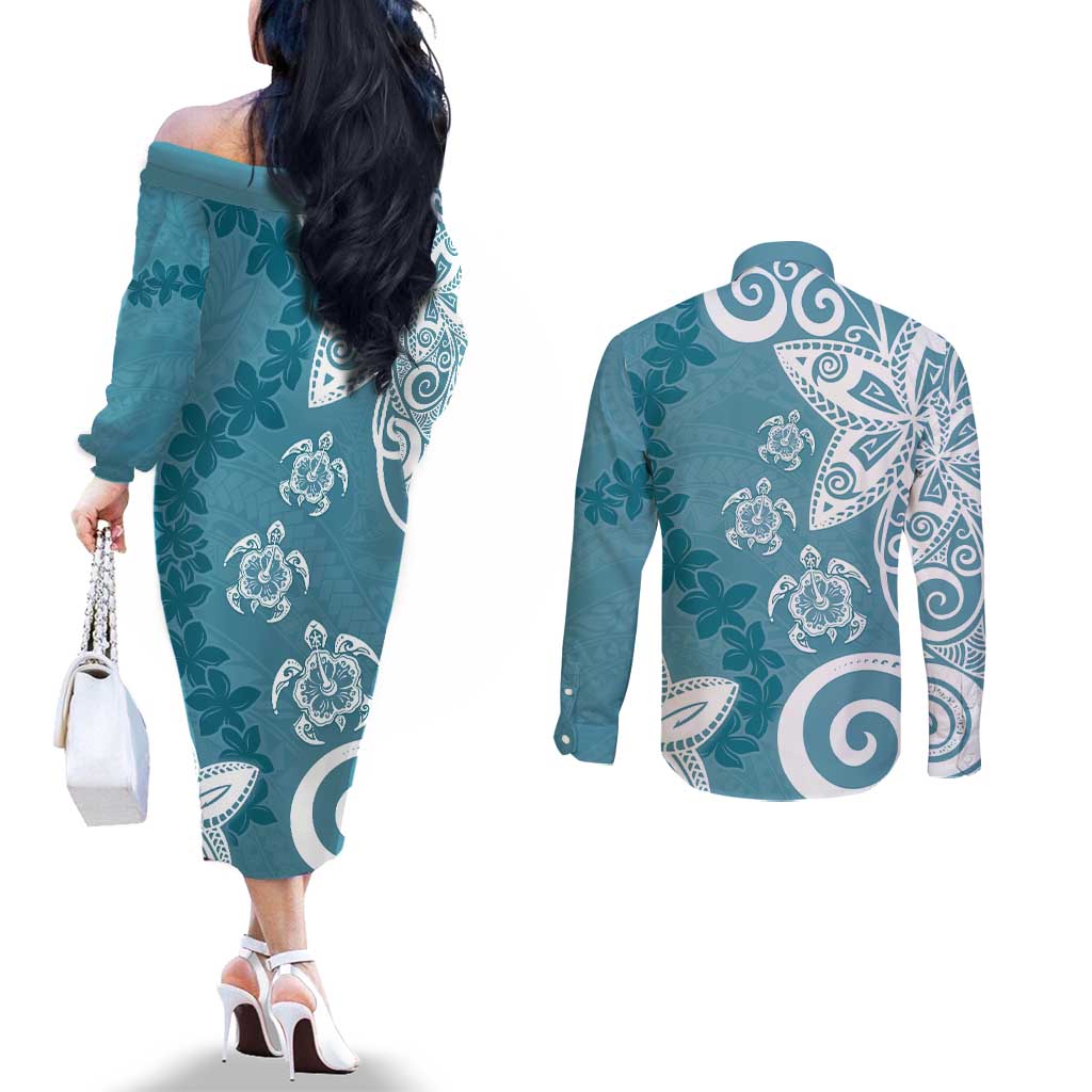 Polynesia Couples Matching Off The Shoulder Long Sleeve Dress and Long Sleeve Button Shirt Hippie Blue Tribal Turtle Floral Pattern LT05 - Polynesian Pride