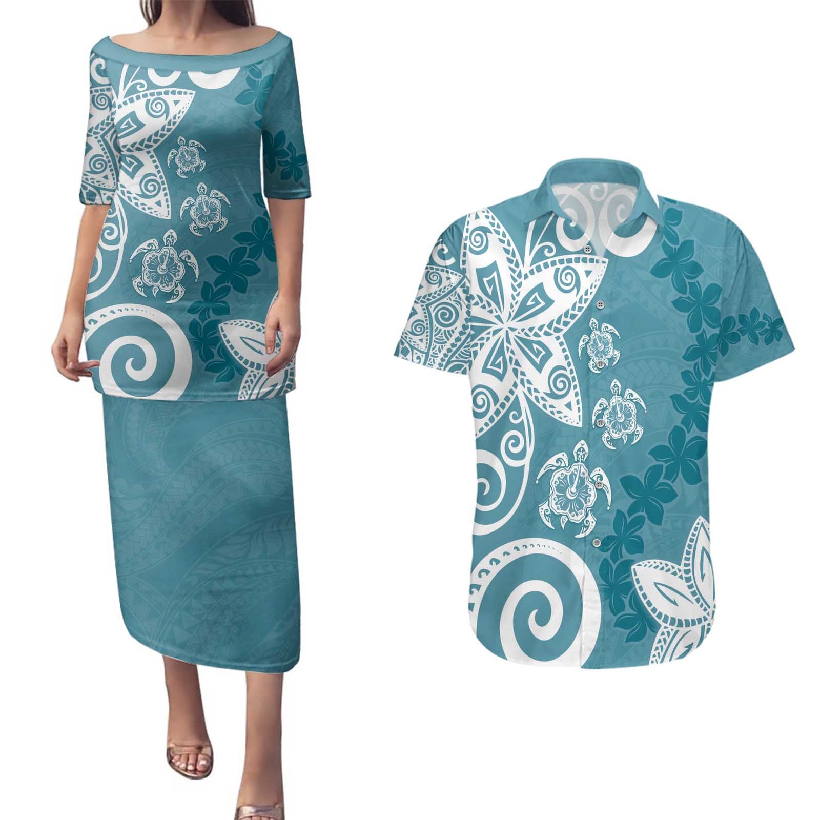 Polynesia Couples Matching Puletasi and Hawaiian Shirt Hippie Blue Tribal Turtle Floral Pattern LT05 Blue - Polynesian Pride