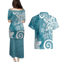 Polynesia Couples Matching Puletasi and Hawaiian Shirt Hippie Blue Tribal Turtle Floral Pattern LT05 - Polynesian Pride