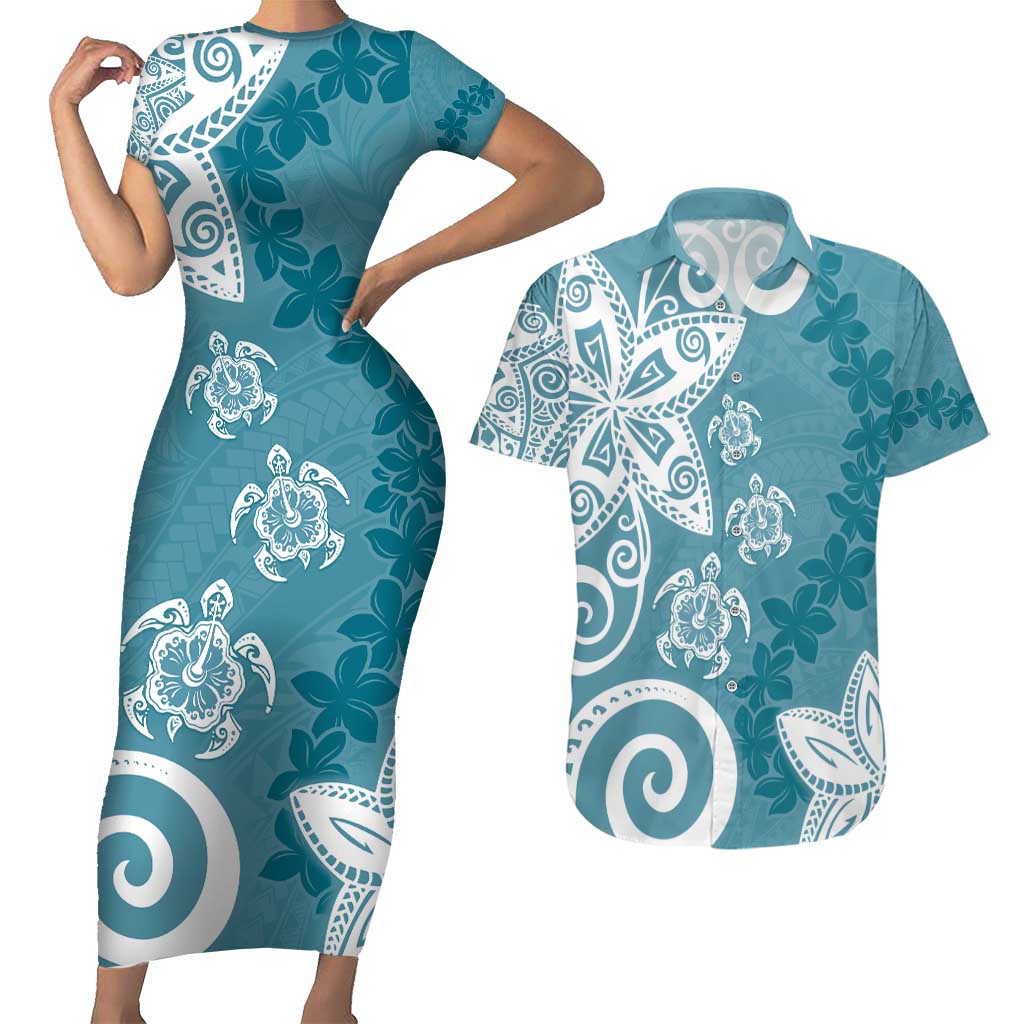 Polynesia Couples Matching Short Sleeve Bodycon Dress and Hawaiian Shirt Hippie Blue Tribal Turtle Floral Pattern LT05 Blue - Polynesian Pride