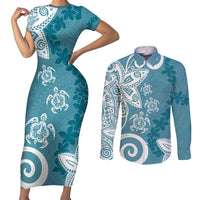 Polynesia Couples Matching Short Sleeve Bodycon Dress and Long Sleeve Button Shirt Hippie Blue Tribal Turtle Floral Pattern LT05 Blue - Polynesian Pride