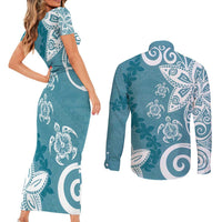 Polynesia Couples Matching Short Sleeve Bodycon Dress and Long Sleeve Button Shirt Hippie Blue Tribal Turtle Floral Pattern LT05 - Polynesian Pride