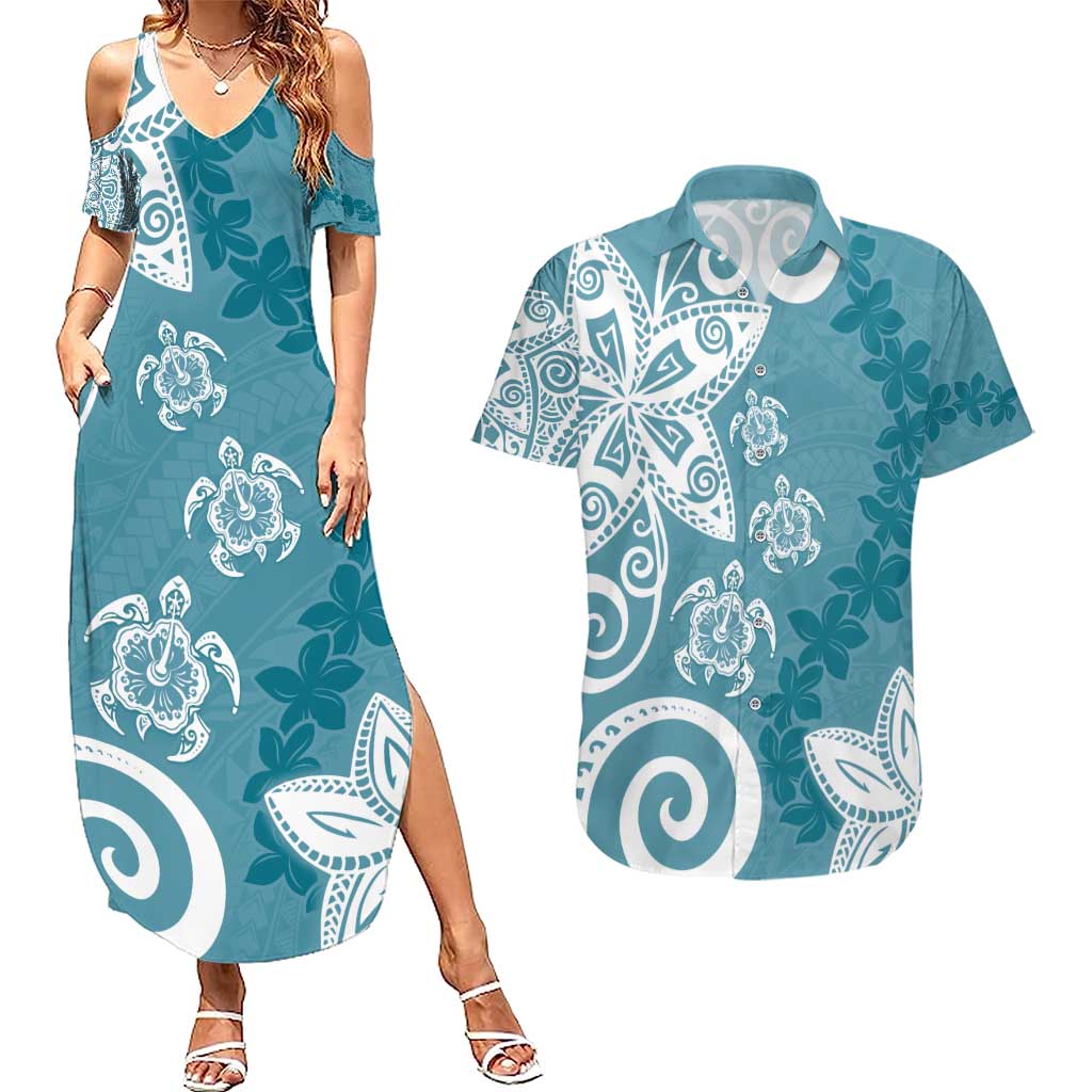 Polynesia Couples Matching Summer Maxi Dress and Hawaiian Shirt Hippie Blue Tribal Turtle Floral Pattern LT05 Blue - Polynesian Pride