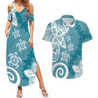 Polynesia Couples Matching Summer Maxi Dress and Hawaiian Shirt Hippie Blue Tribal Turtle Floral Pattern LT05 Blue - Polynesian Pride