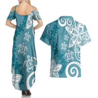 Polynesia Couples Matching Summer Maxi Dress and Hawaiian Shirt Hippie Blue Tribal Turtle Floral Pattern LT05 - Polynesian Pride
