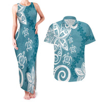 Polynesia Couples Matching Tank Maxi Dress and Hawaiian Shirt Hippie Blue Tribal Turtle Floral Pattern LT05 Blue - Polynesian Pride