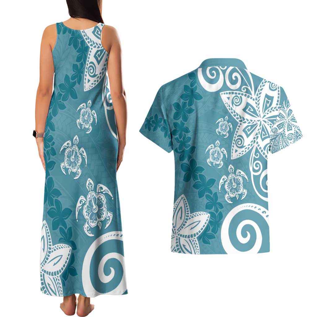 Polynesia Couples Matching Tank Maxi Dress and Hawaiian Shirt Hippie Blue Tribal Turtle Floral Pattern LT05 - Polynesian Pride