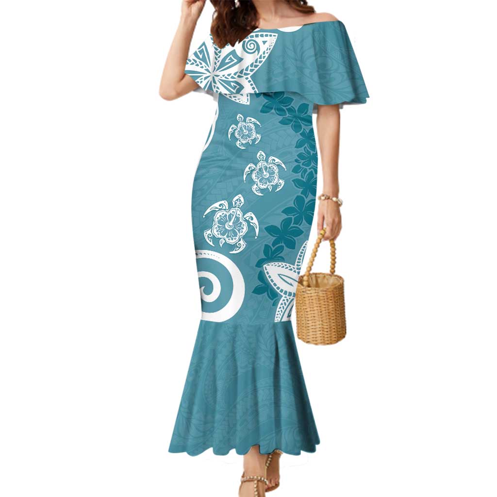 Polynesia Family Matching Mermaid Dress and Hawaiian Shirt Hippie Blue Tribal Turtle Floral Pattern