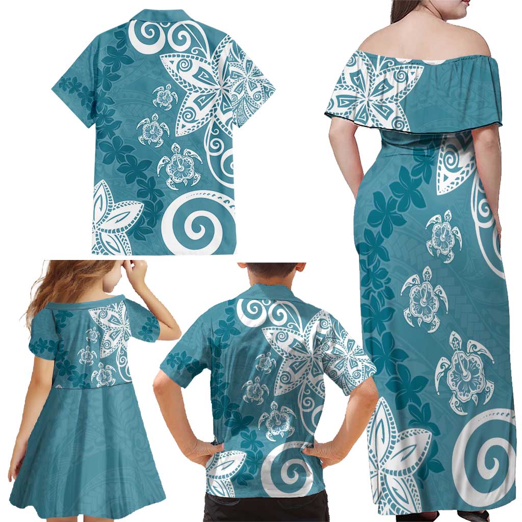 Polynesia Family Matching Off Shoulder Maxi Dress and Hawaiian Shirt Hippie Blue Tribal Turtle Floral Pattern