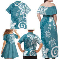 Polynesia Family Matching Off Shoulder Maxi Dress and Hawaiian Shirt Hippie Blue Tribal Turtle Floral Pattern