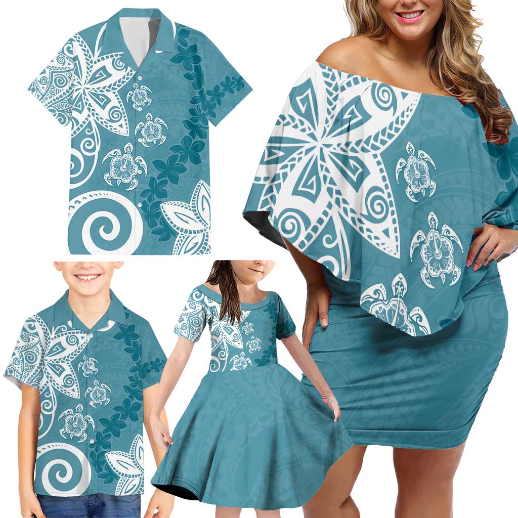 Polynesia Family Matching Off Shoulder Short Dress and Hawaiian Shirt Hippie Blue Tribal Turtle Floral Pattern