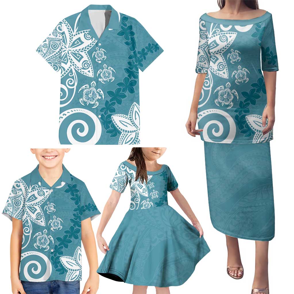 Polynesia Family Matching Puletasi and Hawaiian Shirt Hippie Blue Tribal Turtle Floral Pattern