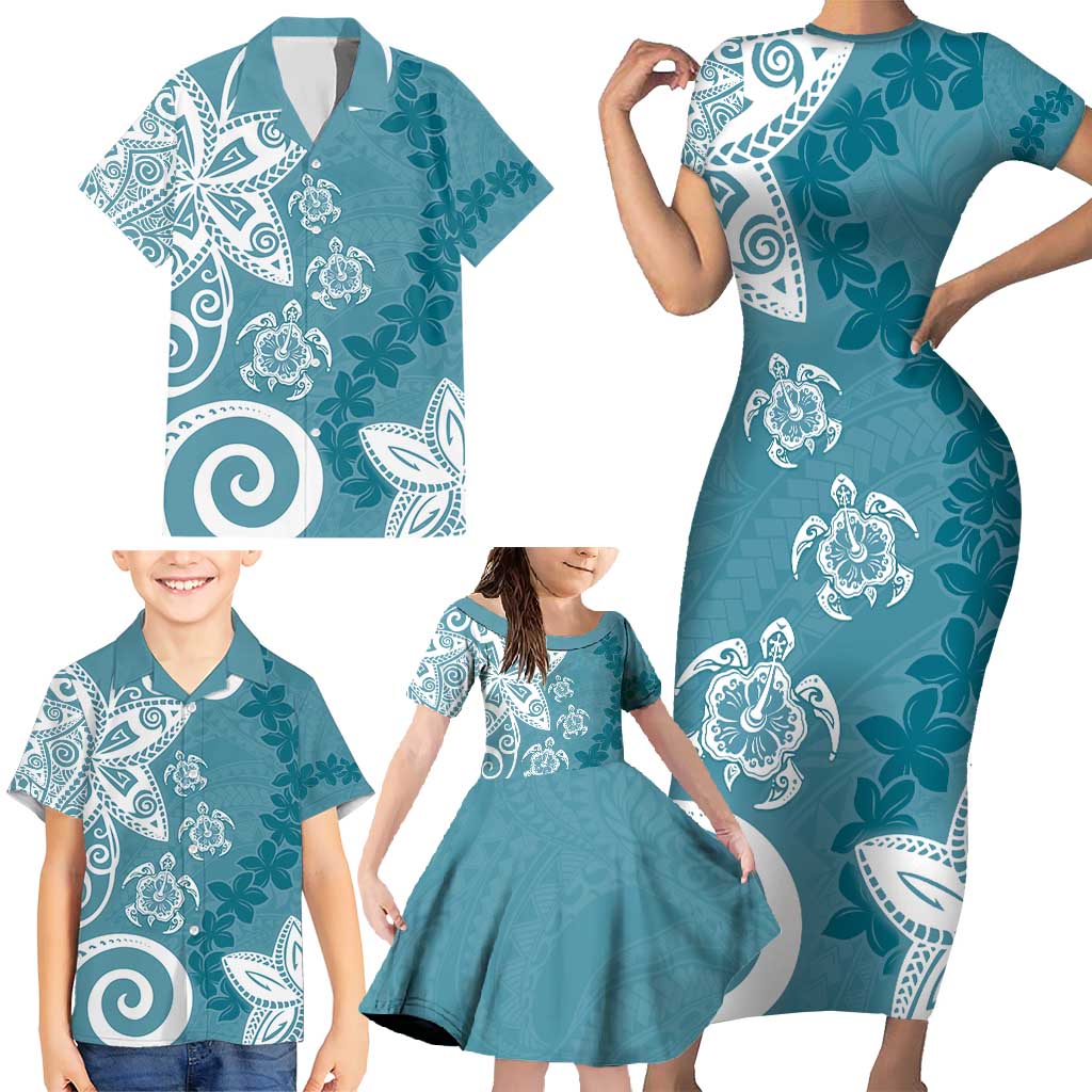 Polynesia Family Matching Short Sleeve Bodycon Dress and Hawaiian Shirt Hippie Blue Tribal Turtle Floral Pattern