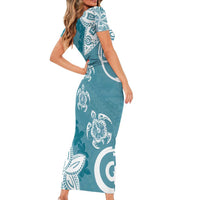 Polynesia Family Matching Short Sleeve Bodycon Dress and Hawaiian Shirt Hippie Blue Tribal Turtle Floral Pattern