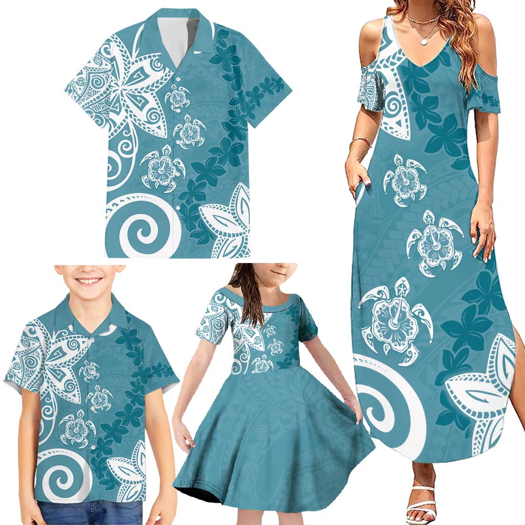 Polynesia Family Matching Summer Maxi Dress and Hawaiian Shirt Hippie Blue Tribal Turtle Floral Pattern