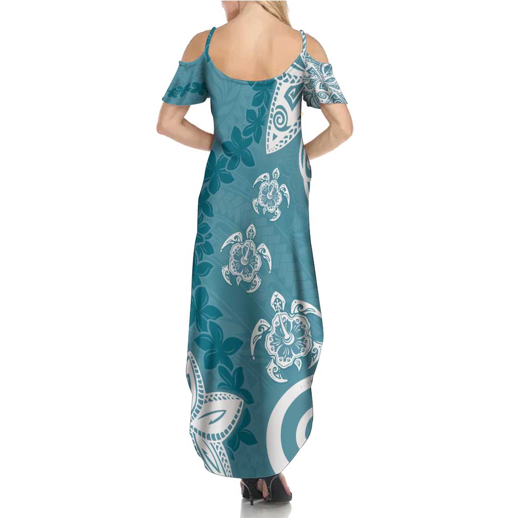 Polynesia Family Matching Summer Maxi Dress and Hawaiian Shirt Hippie Blue Tribal Turtle Floral Pattern