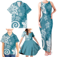 Polynesia Family Matching Tank Maxi Dress and Hawaiian Shirt Hippie Blue Tribal Turtle Floral Pattern
