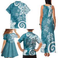 Polynesia Family Matching Tank Maxi Dress and Hawaiian Shirt Hippie Blue Tribal Turtle Floral Pattern