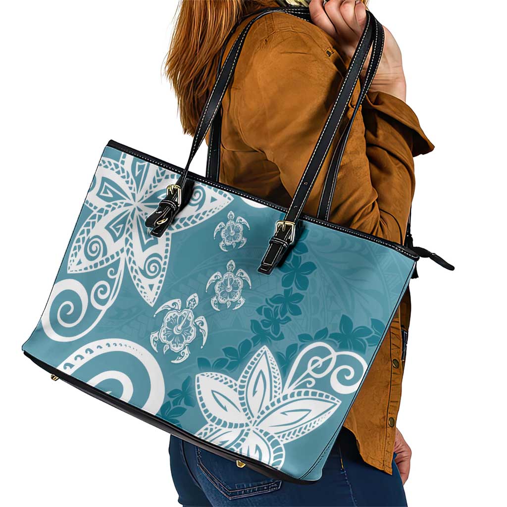 Polynesia Leather Tote Bag Hippie Blue Tribal Turtle Floral Pattern LT05 - Polynesian Pride