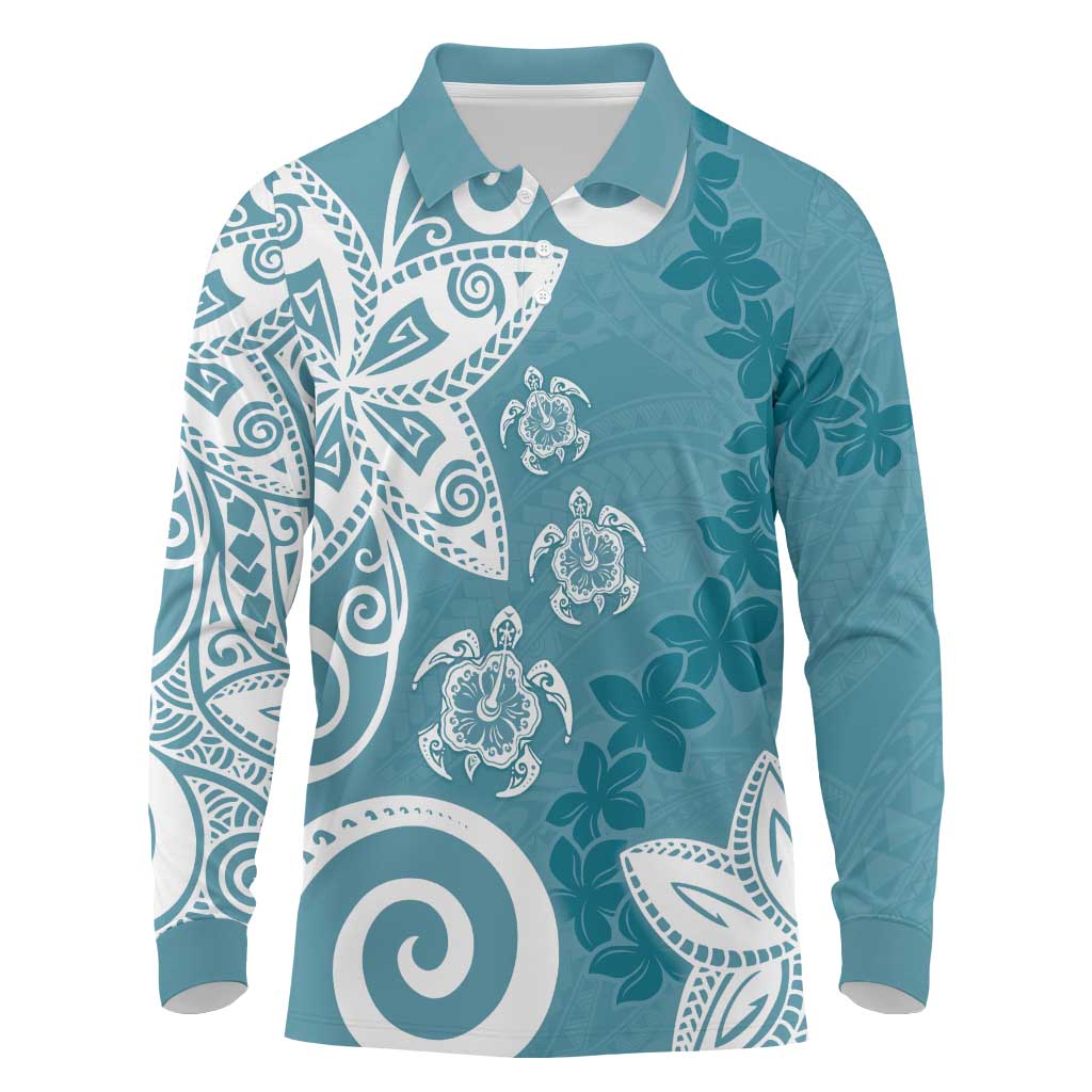 Polynesia Long Sleeve Polo Shirt Hippie Blue Tribal Turtle Floral Pattern