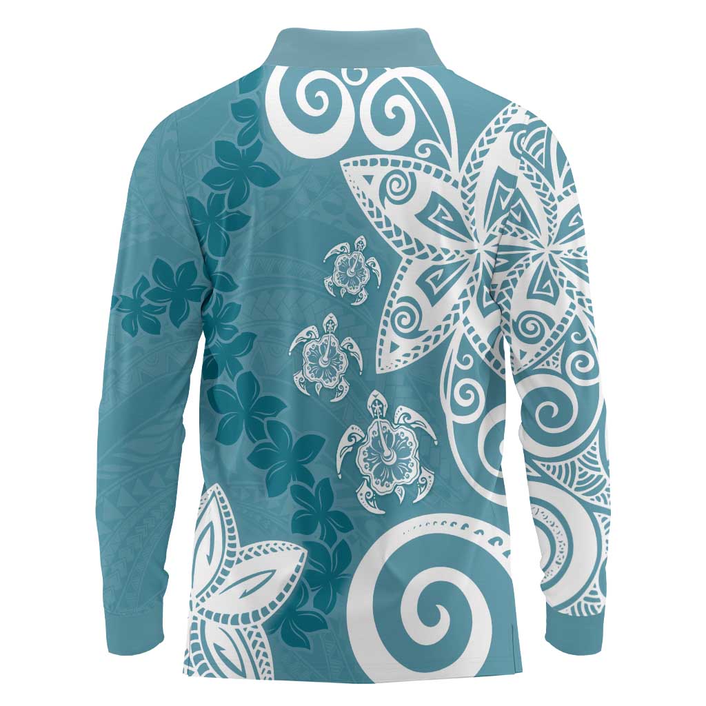 Polynesia Long Sleeve Polo Shirt Hippie Blue Tribal Turtle Floral Pattern