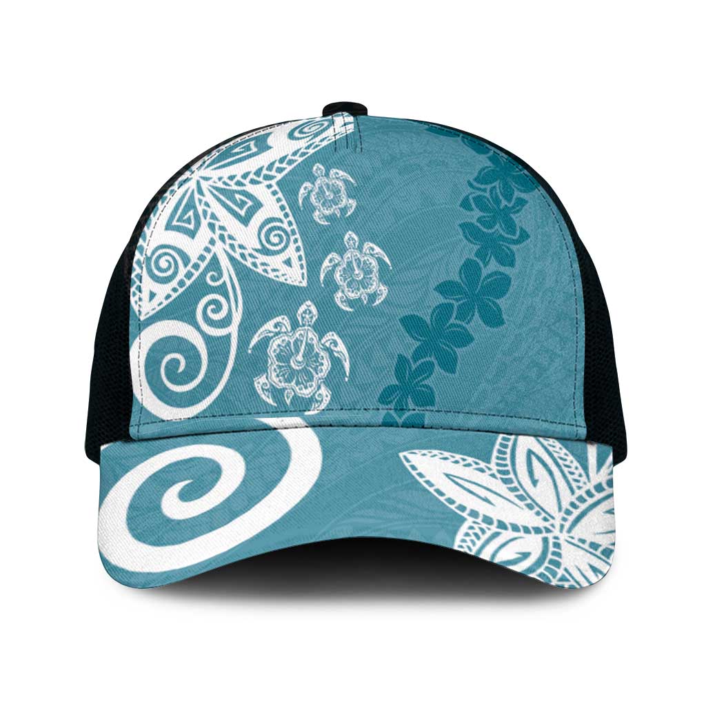 Polynesia Mesh Trucker Cap Hippie Blue Tribal Turtle Floral Pattern - Polynesian Pride