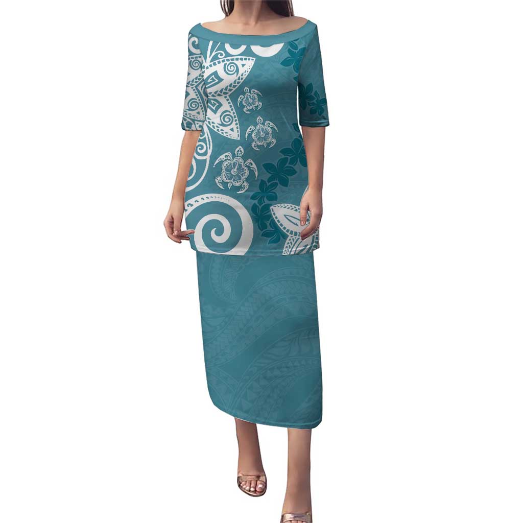 Polynesia Puletasi Hippie Blue Tribal Turtle Floral Pattern LT05 Long Dress Blue - Polynesian Pride