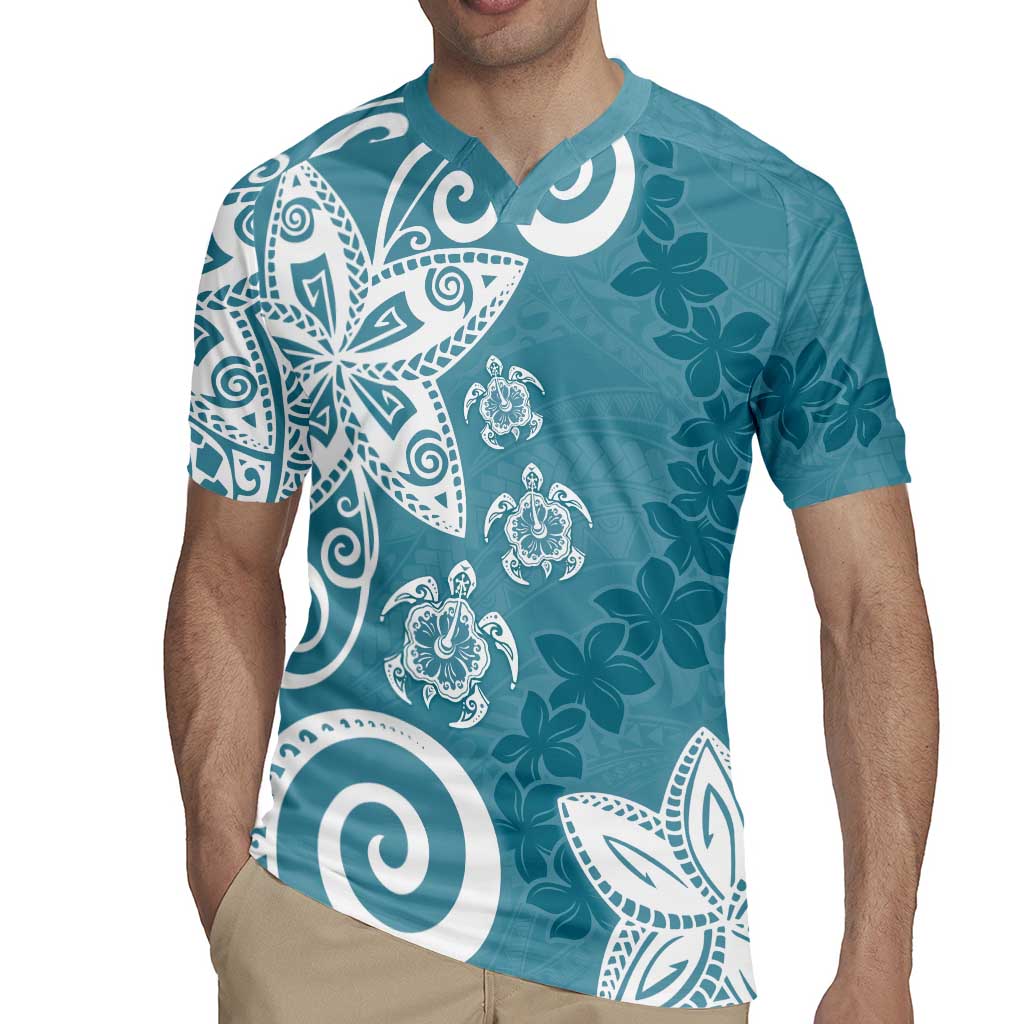 Polynesia Rugby Jersey Hippie Blue Tribal Turtle Floral Pattern