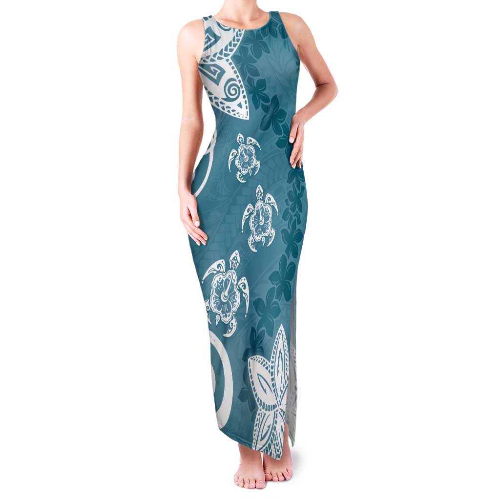 Polynesia Tank Maxi Dress Hippie Blue Tribal Turtle Floral Pattern LT05 Women Blue - Polynesian Pride