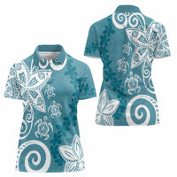 Polynesia Women Polo Shirt Hippie Blue Tribal Turtle Floral Pattern