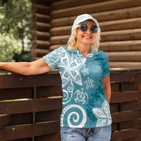 Polynesia Women Polo Shirt Hippie Blue Tribal Turtle Floral Pattern