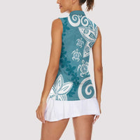 Polynesia Women Sleeveless Polo Shirt Hippie Blue Tribal Turtle Floral Pattern